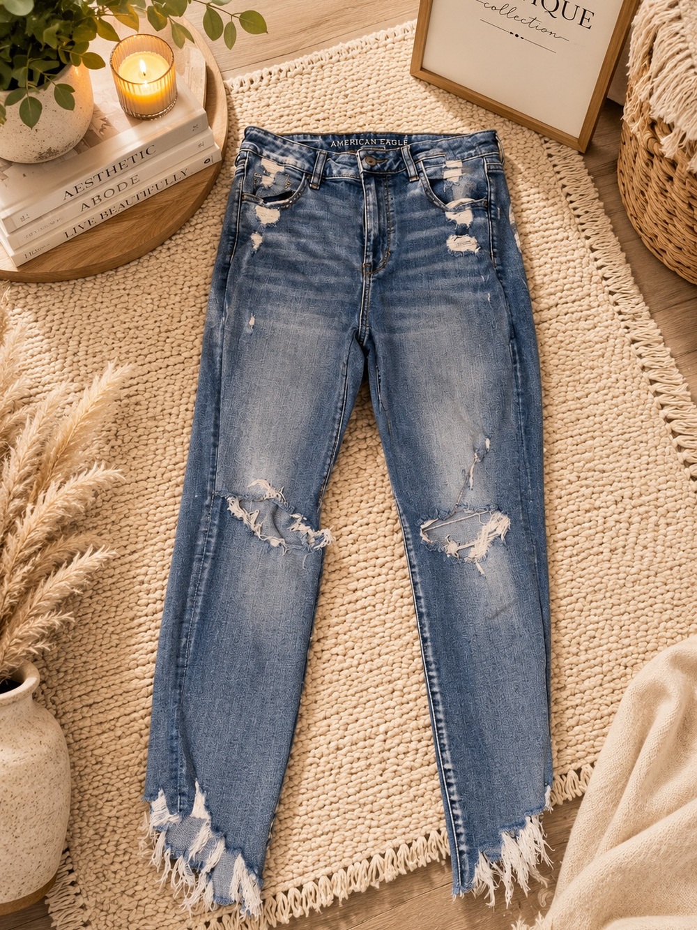 American Eagle Outfitters Distressed Blue Skinny Cropped Fringe Hem Jeans